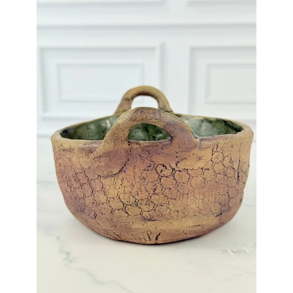 Handmade Studio Pottery Bowl with Handles and Scale Design - Signed!